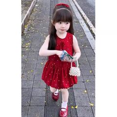 Váy đũi chấm bi đỏ kèm dây chun buộc tóc xinh xắn dễ thương mát mẻ thoáng khí hàn quốc mùa hè cho bé gái 8-18kg