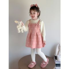 Hàng QC - Váy len dài tay cho bé gái họa tiết nơ ấm áp dày dặn xinh xắn dễ thương mùa đông phong cách vintage hàn quốc