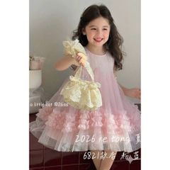 Hàng QC - Váy đầm ba lỗ nhúm nơ voan xòe bồng xinh xắn dễ thương phong cách hàn quốc mùa hè cho bé gái