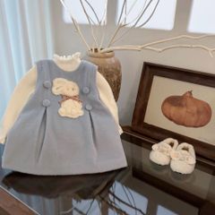 Hàng QC - Váy dạ ba lỗ thỏ con đính khuy ấm áp dày dặn cute đáng yêu cho bé gái phong cách hàn quốc mùa đông