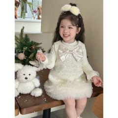 Hàng QC Váy đầm bé gái dạ phối voan bồng nơ tiểu thư công chúa xinh xắn dễ thương điệu đà mặc đi chơi noel Tết  mùa đông