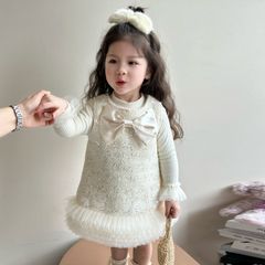 Hàng QC Váy đầm bé gái dạ phối voan bồng nơ tiểu thư công chúa xinh xắn dễ thương điệu đà mặc đi chơi noel Tết  mùa đông
