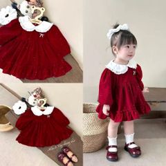 Váy nhung dài tay đỏ kim sa dáng xòe cổ ren bèo kèm nơ xinh xắn dễ thương ấm áp mặc đi chơi noel Tết mùa đông bé gái