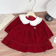 Váy nhung dài tay đỏ kim sa dáng xòe cổ ren bèo kèm nơ xinh xắn dễ thương ấm áp mặc đi chơi noel Tết mùa đông bé gái