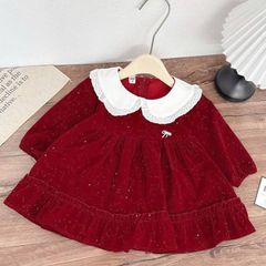 Váy nhung dài tay đỏ kim sa dáng xòe cổ ren bèo kèm nơ xinh xắn dễ thương ấm áp mặc đi chơi noel Tết mùa đông bé gái