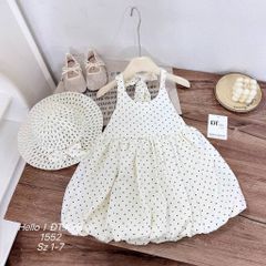Váy hai dây buộc nơ chấm bi dáng bí bồng xinh xắn dễ thương kèm mũ cho bé gái mùa hè mặc đi chơi đi biển 8-20kg