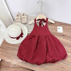 Váy hai dây buộc nơ chấm bi dáng bí bồng xinh xắn dễ thương kèm mũ cho bé gái mùa hè mặc đi chơi đi biển 8-20kg