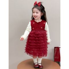 Hàng QC - Váy đầm công chúa bé gái đỏ đính nơ voan tầng tiểu thư kèm áo len ấm áp mùa đông mặc đi chơi noel Tết hot hit