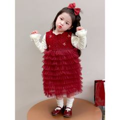 Hàng QC - Váy đầm công chúa bé gái đỏ đính nơ voan tầng tiểu thư kèm áo len ấm áp mùa đông mặc đi chơi noel Tết hot hit