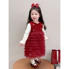 Hàng QC - Váy đầm công chúa bé gái đỏ đính nơ voan tầng tiểu thư kèm áo len ấm áp mùa đông mặc đi chơi noel Tết hot hit