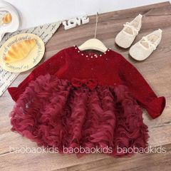 Váy nhung đỏ xòe bồng sóng xinh xắn điệu đà mặc Tết cho bé gái đi chơi 9-22kg