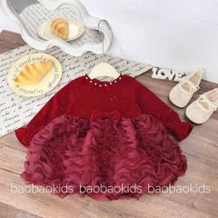 Váy nhung đỏ xòe bồng sóng xinh xắn điệu đà mặc Tết cho bé gái đi chơi 9-22kg