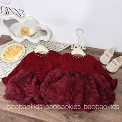 Váy nhung đỏ xòe bồng sóng xinh xắn điệu đà mặc Tết cho bé gái đi chơi 9-22kg