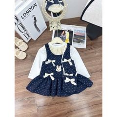 Set váy yếm chấm bi nơ thỏ con kèm áo len tăm cổ ren giữ nhiệt và túi xinh xắn đáng yêu cho bé gái mặc đi chơi 8-13kg