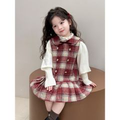 Hàng QC Set váy dạ tweed kẻ phối nơ kèm áo len vintage cho bé gái xinh xắn dễ thương thu đông hàn quốc hottrend