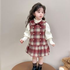 Hàng QC Set váy dạ tweed kẻ phối nơ kèm áo len vintage cho bé gái xinh xắn dễ thương thu đông hàn quốc hottrend