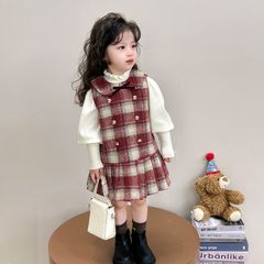 Hàng QC Set váy dạ tweed kẻ phối nơ kèm áo len vintage cho bé gái xinh xắn dễ thương thu đông hàn quốc hottrend