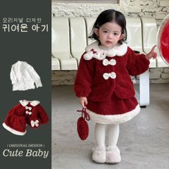 Hàng QC Set váy áo lông cừu xinh xắn nơ ấm áp dày dặn dễ thương mùa đông cho bé gái mặc noel Tết đi chơi chụp ảnh