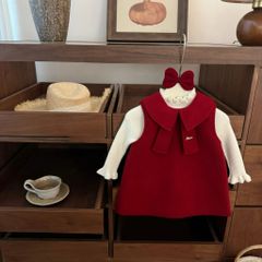Hàng QC - Váy dạ đỏ ba lỗ kèm áo len vintage hàn quốc mặc đi chơi Tết ấm áp dày dặn cho bé gái