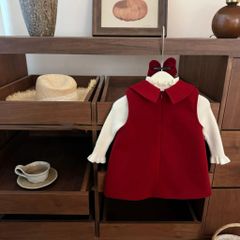 Hàng QC - Váy dạ đỏ ba lỗ kèm áo len vintage hàn quốc mặc đi chơi Tết ấm áp dày dặn cho bé gái