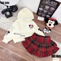 Set áo nỉ micky hoodie lót bông kèm chân váy dạ ấm xinh xắn dễ thương mặc đi chơi mùa đông noel Tết cho bé gái 10-30kg