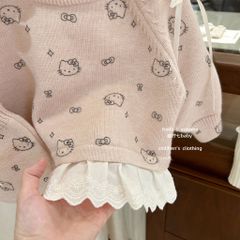 Hàng QC Set áo len ren bèo mèo hello kitty xinh xắn đáng yêu ấm áp kèm túi và quần cho bé gái thu đông hàn quốc