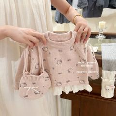 Hàng QC Set áo len ren bèo mèo hello kitty xinh xắn đáng yêu ấm áp kèm túi và quần cho bé gái thu đông hàn quốc