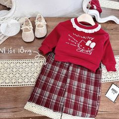 Set áo nỉ hello kitty cute đáng yêu xinh xắn lót lông kèm quần dạ kẻ ren mùa đông ấm áp dày dặn 10-30kg cho bé gái