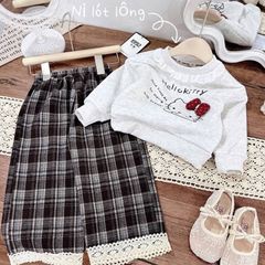 Set áo nỉ hello kitty cute đáng yêu xinh xắn lót lông kèm quần dạ kẻ ren mùa đông ấm áp dày dặn 10-30kg cho bé gái