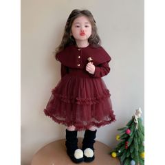 Hàng QC - Váy đầm công chúa voan phối len dáng xòe bồng tầng xinh xắn mùa đông mặc đi chơi noel Tết cho bé gái