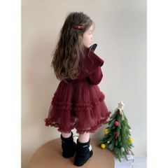 Hàng QC - Váy đầm công chúa voan phối len dáng xòe bồng tầng xinh xắn mùa đông mặc đi chơi noel Tết cho bé gái