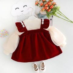 Set váy nhung kèm áo giữ nhiệt tay bồng xinh xắn dễ thương ấm áp điệu đà mùa đông cho bé gái