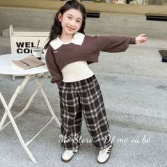 Set bộ áo ba lỗ len kèm áo len và quần kẻ xinh xắn thu đông cho bé gái 10-30kg kèm ảnh thật
