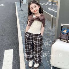 Set bộ áo ba lỗ len kèm áo len và quần kẻ xinh xắn thu đông cho bé gái 10-30kg kèm ảnh thật