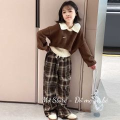 Set bộ áo ba lỗ len kèm áo len và quần kẻ xinh xắn thu đông cho bé gái 10-30kg kèm ảnh thật