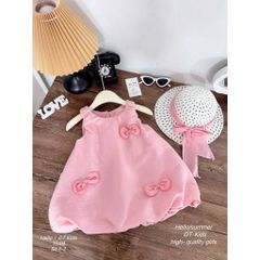 Váy đũi bí bồng đính nơ xinh xắn điệu đà kèm mũ mặc đi chơi đi biển mùa hè mát mẻ cho bé gái phong cách hàn quốc