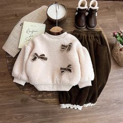 Hàng QC Set áo len lông cừu đính nơ kèm quần nhung vintage hàn quốc thu đông xinh xắn điệu đà cho bé gái