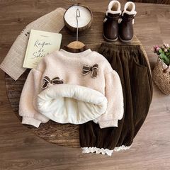 Hàng QC Set áo len lông cừu đính nơ kèm quần nhung vintage hàn quốc thu đông xinh xắn điệu đà cho bé gái
