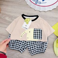 Bộ thun cotton voi con cute dễ thương kèm quần short đũi kẻ đáng yêu phong cách hàn quốc mùa hè cho bé trai