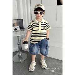 Set áo polo gấu kẻ kèm quần short jean túi hộp cho bé trai mùa hè mặc đi chơi đi học