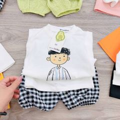 Bộ thun cotton bé trai kèm quần đũi kẻ dễ thương đáng yêu phong cách hàn quốc mùa hè mát mẻ cho bé
