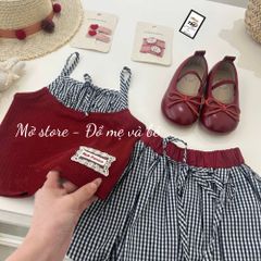 Set áo hai dây phối kẻ mix chân váy bí bồng dễ thương ulzzang hàn quốc mùa hè mát mẻ hottrend