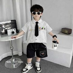 Áo sơ mi chó kẻ kèm quần kaki dễ thương cho bé trai phong cách hàn quốc mùa hè 8-20kg kèm ảnh thật mát mẻ