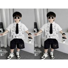 Áo sơ mi chó kẻ kèm quần kaki dễ thương cho bé trai phong cách hàn quốc mùa hè 8-20kg kèm ảnh thật mát mẻ
