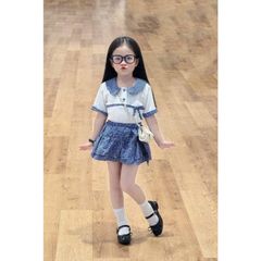 Set áo sơ mi kẻ cổ sen cotton kèm chân váy đũi nơ tầng xinh xắn điệu đà vintage hàn quốc mùa hè cho bé gái