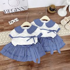 Set áo sơ mi kẻ cổ sen cotton kèm chân váy đũi nơ tầng xinh xắn điệu đà vintage hàn quốc mùa hè cho bé gái