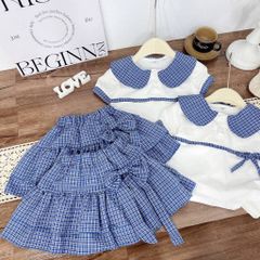 Set áo sơ mi kẻ cổ sen cotton kèm chân váy đũi nơ tầng xinh xắn điệu đà vintage hàn quốc mùa hè cho bé gái
