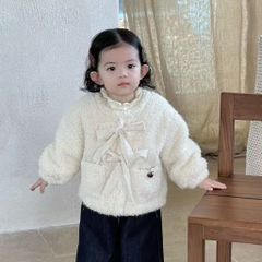Hàng QC Áo khoác lông cừu phối dây nơ ren xinh xắn ulzzang hàn quốc mùa đông ấm áp dày dặn hàn quốc cho bé gái