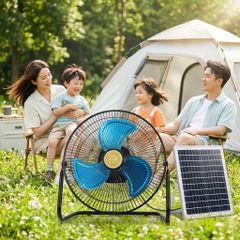 Quạt sàn tích điện CHILL HOME, pin 4800mAh, kèm panel NLMT, lồng & cánh kim loại
