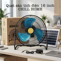 Quạt sàn tích điện CHILL HOME, pin 4800mAh, kèm panel NLMT, lồng & cánh kim loại